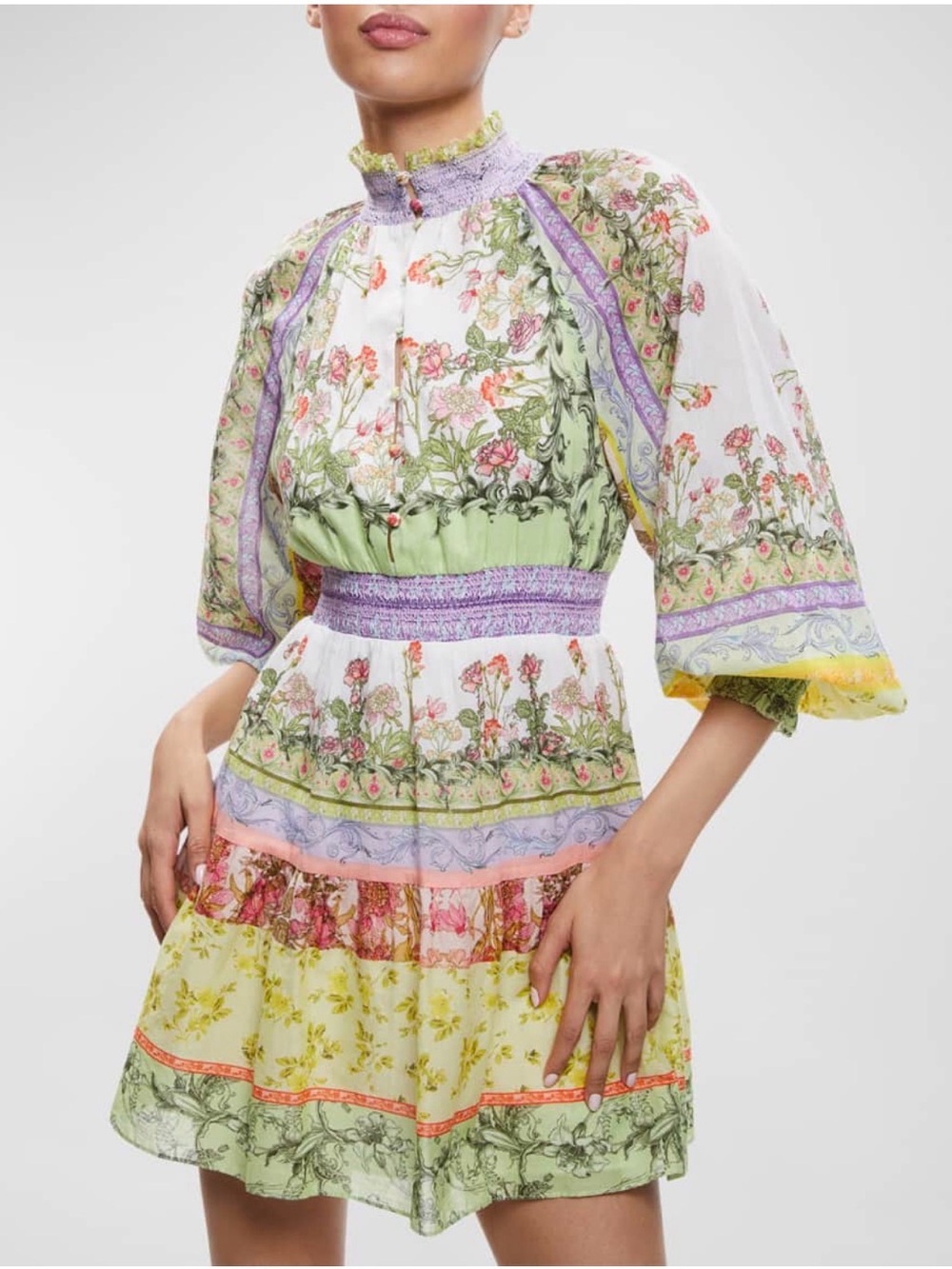 Alice + Olivia White Floral Tiered Dress with Pink, Green & Yellow Accents